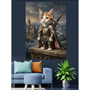 Zırhlı Savaşçı Kedi Şövalye Karakteri Dekoratif Kanvas - Mdf Ahşap Tablo 70x100 cm