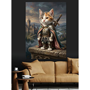 Zırhlı Savaşçı Kedi Şövalye Karakteri Dekoratif Kanvas - Mdf Ahşap Tablo 70x100 cm