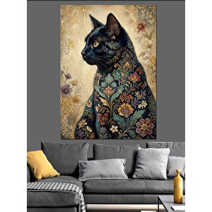 Çiçek Desenli Mistik Kara Kedi Dekoratif Kanvas - Mdf Ahşap Tablo 100x140 cm