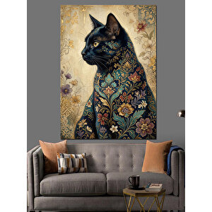 Çiçek Desenli Mistik Kara Kedi Dekoratif Kanvas - Mdf Ahşap Tablo 100x140 cm