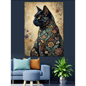 Çiçek Desenli Mistik Kara Kedi Dekoratif Kanvas - Mdf Ahşap Tablo 100x140 cm