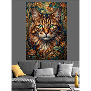 Renkli Çiçekler Arasında Kedi Yüzü Dekoratif Kanvas - Mdf Ahşap Tablo 50x70 cm