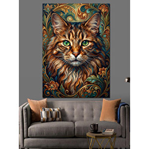 Renkli Çiçekler Arasında Kedi Yüzü Dekoratif Kanvas - Mdf Ahşap Tablo 50x70 cm
