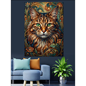 Renkli Çiçekler Arasında Kedi Yüzü Dekoratif Kanvas - Mdf Ahşap Tablo 50x70 cm
