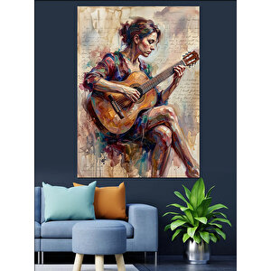 Gitar Çalan Renkli Elbiseli Kadın Dekoratif Kanvas - Mdf Ahşap Tablo 50x70 cm