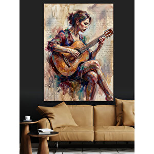 Gitar Çalan Renkli Elbiseli Kadın Dekoratif Kanvas - Mdf Ahşap Tablo 50x70 cm