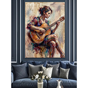 Gitar Çalan Renkli Elbiseli Kadın Dekoratif Kanvas - Mdf Ahşap Tablo 50x70 cm