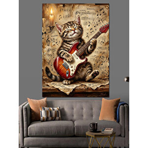 Gitar Çalan Gözlüklü Kedi Figürü Dekoratif Kanvas - Mdf Ahşap Tablo 100x140 cm