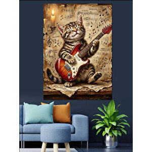 Gitar Çalan Gözlüklü Kedi Figürü Dekoratif Kanvas - Mdf Ahşap Tablo 100x140 cm