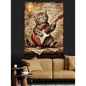 Gitar Çalan Gözlüklü Kedi Figürü Dekoratif Kanvas - Mdf Ahşap Tablo 100x140 cm