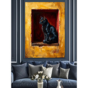 Pencere İçinde Oturan Siyah Kedi Dekoratif Kanvas - Mdf Ahşap Tablo 100x140 cm