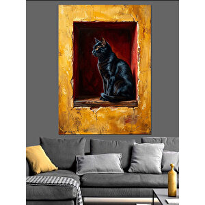 Pencere İçinde Oturan Siyah Kedi Dekoratif Kanvas - Mdf Ahşap Tablo 100x140 cm