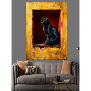 Pencere İçinde Oturan Siyah Kedi Dekoratif Kanvas - Mdf Ahşap Tablo 100x140 cm