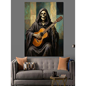 Gitar Çalan Cübbeli İskelet Sanatı Dekoratif Kanvas - Mdf Ahşap Tablo 70x100 cm