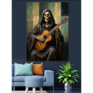 Gitar Çalan Cübbeli İskelet Sanatı Dekoratif Kanvas - Mdf Ahşap Tablo 70x100 cm