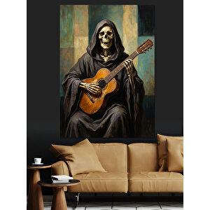 Gitar Çalan Cübbeli İskelet Sanatı Dekoratif Kanvas - Mdf Ahşap Tablo 70x100 cm