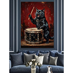 Bateri Çalan Siyah Kedi İllüstrasyonu Dekoratif Kanvas - Mdf Ahşap Tablo 50x70 cm