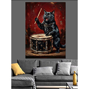 Bateri Çalan Siyah Kedi İllüstrasyonu Dekoratif Kanvas - Mdf Ahşap Tablo 50x70 cm