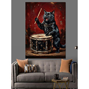 Bateri Çalan Siyah Kedi İllüstrasyonu Dekoratif Kanvas - Mdf Ahşap Tablo 50x70 cm