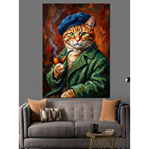 Pipolu Ve Kasketli Entelektüel Kedi Dekoratif Kanvas - Mdf Ahşap Tablo 70x100 cm