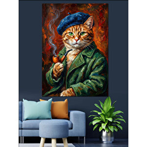 Pipolu Ve Kasketli Entelektüel Kedi Dekoratif Kanvas - Mdf Ahşap Tablo 70x100 cm