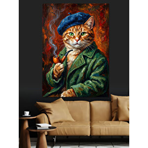 Pipolu Ve Kasketli Entelektüel Kedi Dekoratif Kanvas - Mdf Ahşap Tablo 70x100 cm