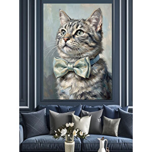 Papyonlu Gri Tekir Kedi Portresi Dekoratif Kanvas - Mdf Ahşap Tablo 50x70 cm