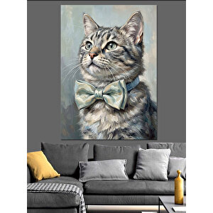 Papyonlu Gri Tekir Kedi Portresi Dekoratif Kanvas - Mdf Ahşap Tablo 50x70 cm