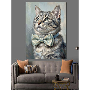 Papyonlu Gri Tekir Kedi Portresi Dekoratif Kanvas - Mdf Ahşap Tablo 50x70 cm