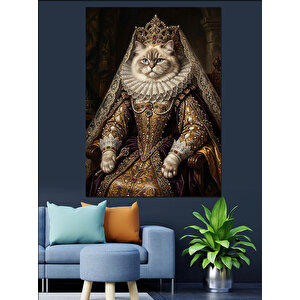 Saray Kıyafetli Aristokrat Kedi Portresi Dekoratif Kanvas - Mdf Ahşap Tablo 100x140 cm