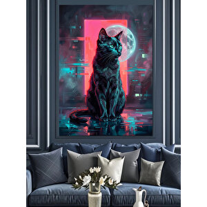 Siberpunk Atmosferinde Siyah Kedi Dekoratif Kanvas - Mdf Ahşap Tablo 70x100 cm