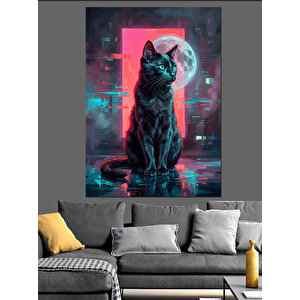 Siberpunk Atmosferinde Siyah Kedi Dekoratif Kanvas - Mdf Ahşap Tablo 70x100 cm