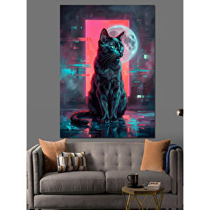 Siberpunk Atmosferinde Siyah Kedi Dekoratif Kanvas - Mdf Ahşap Tablo 70x100 cm