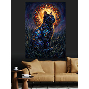 Desenli Mistik Gece Kedisi Tablosu Dekoratif Kanvas - Mdf Ahşap Tablo 50x70 cm