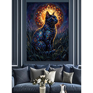 Desenli Mistik Gece Kedisi Tablosu Dekoratif Kanvas - Mdf Ahşap Tablo 50x70 cm
