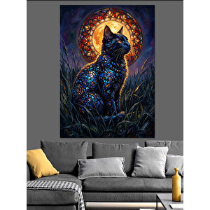 Desenli Mistik Gece Kedisi Tablosu Dekoratif Kanvas - Mdf Ahşap Tablo 50x70 cm