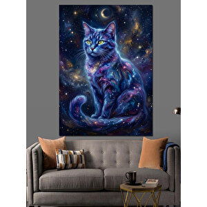 Galaksi Desenli Kozmik Kedi Portresi Dekoratif Kanvas - Mdf Ahşap Tablo 50x70 cm