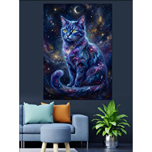 Galaksi Desenli Kozmik Kedi Portresi Dekoratif Kanvas - Mdf Ahşap Tablo 50x70 cm