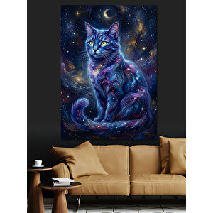 Galaksi Desenli Kozmik Kedi Portresi Dekoratif Kanvas - Mdf Ahşap Tablo 50x70 cm