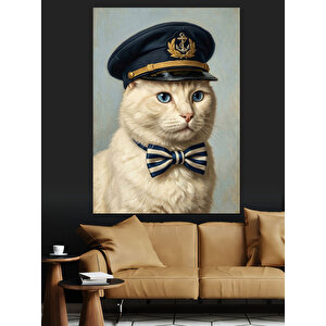 Kaptan Şapkalı Ve Papyonlu Kedi Dekoratif Kanvas - Mdf Ahşap Tablo 50x70 cm