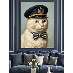 Kaptan Şapkalı Ve Papyonlu Kedi Dekoratif Kanvas - Mdf Ahşap Tablo 50x70 cm