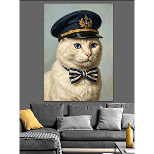 Kaptan Şapkalı Ve Papyonlu Kedi Dekoratif Kanvas - Mdf Ahşap Tablo 50x70 cm