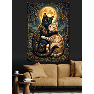 Ay Işığında Sarılan İki Kedi Dekoratif Kanvas - Mdf Ahşap Tablo 70x100 cm