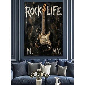 Rock Life Yazılı Gitar Posteri Dekoratif Kanvas - Mdf Ahşap Tablo 100x140 cm