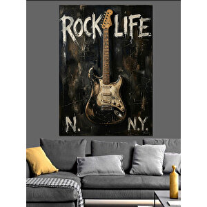 Rock Life Yazılı Gitar Posteri Dekoratif Kanvas - Mdf Ahşap Tablo 100x140 cm