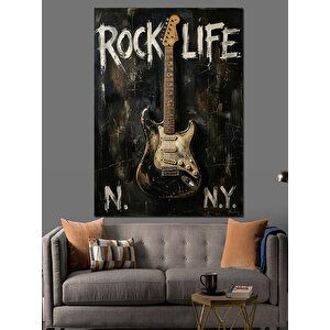 Rock Life Yazılı Gitar Posteri Dekoratif Kanvas - Mdf Ahşap Tablo 100x140 cm
