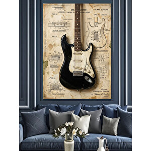 Nota Kağıdı Üzerinde Elektro Gitar Dekoratif Kanvas - Mdf Ahşap Tablo 50x70 cm