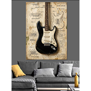 Nota Kağıdı Üzerinde Elektro Gitar Dekoratif Kanvas - Mdf Ahşap Tablo 50x70 cm