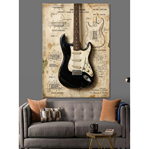 Nota Kağıdı Üzerinde Elektro Gitar Dekoratif Kanvas - Mdf Ahşap Tablo 50x70 cm