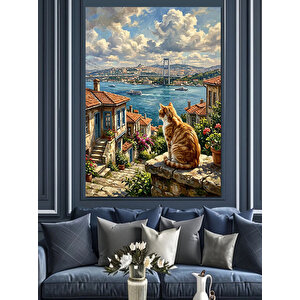 Boğaz Manzaralı Balkonda Oturan Kedi Dekoratif Kanvas - Mdf Ahşap Tablo 50x70 cm